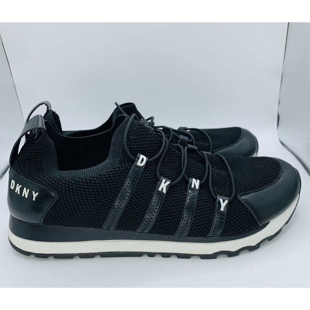 DKNY Jaime Shoes Womens 11.5 Black Low Top Bungee Lacing Stretch Sneakers